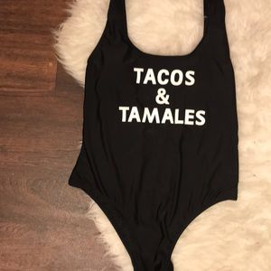 NWOT black bathing suit. “tacos & tamales”